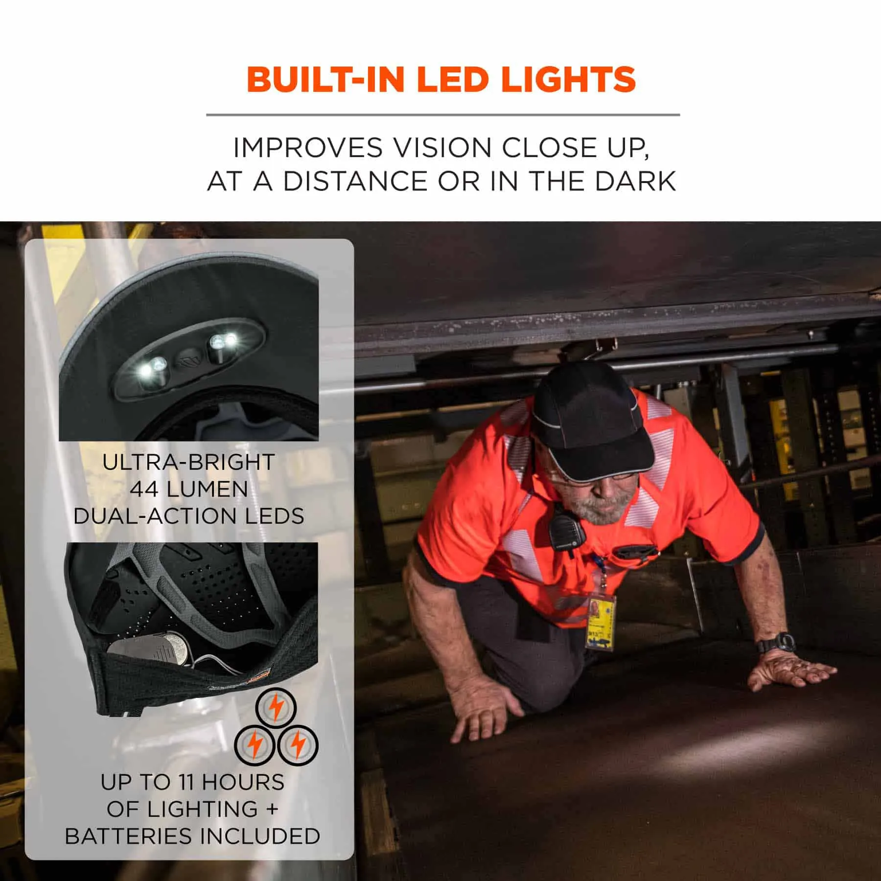 Ergodyne 23339 8965 Long Brim Navy Lightweight Bump Cap Hat   LED Lighting