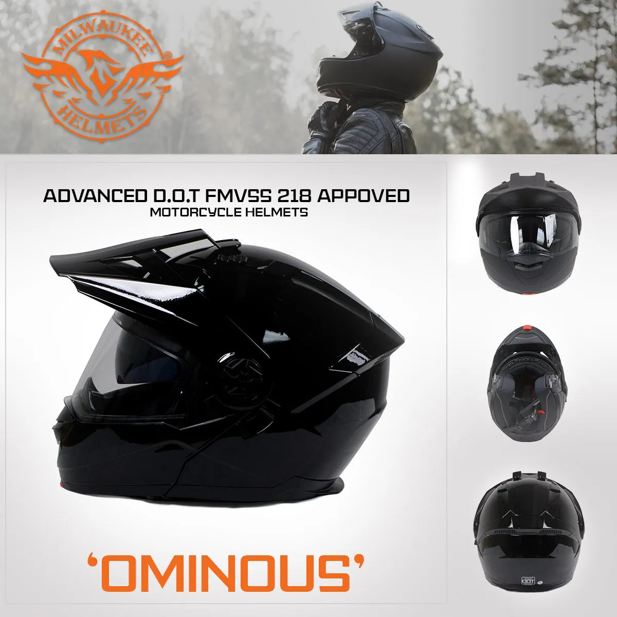 Milwaukee Helmets Gloss Black Ominous Dual Sport Advanced Motorcycle