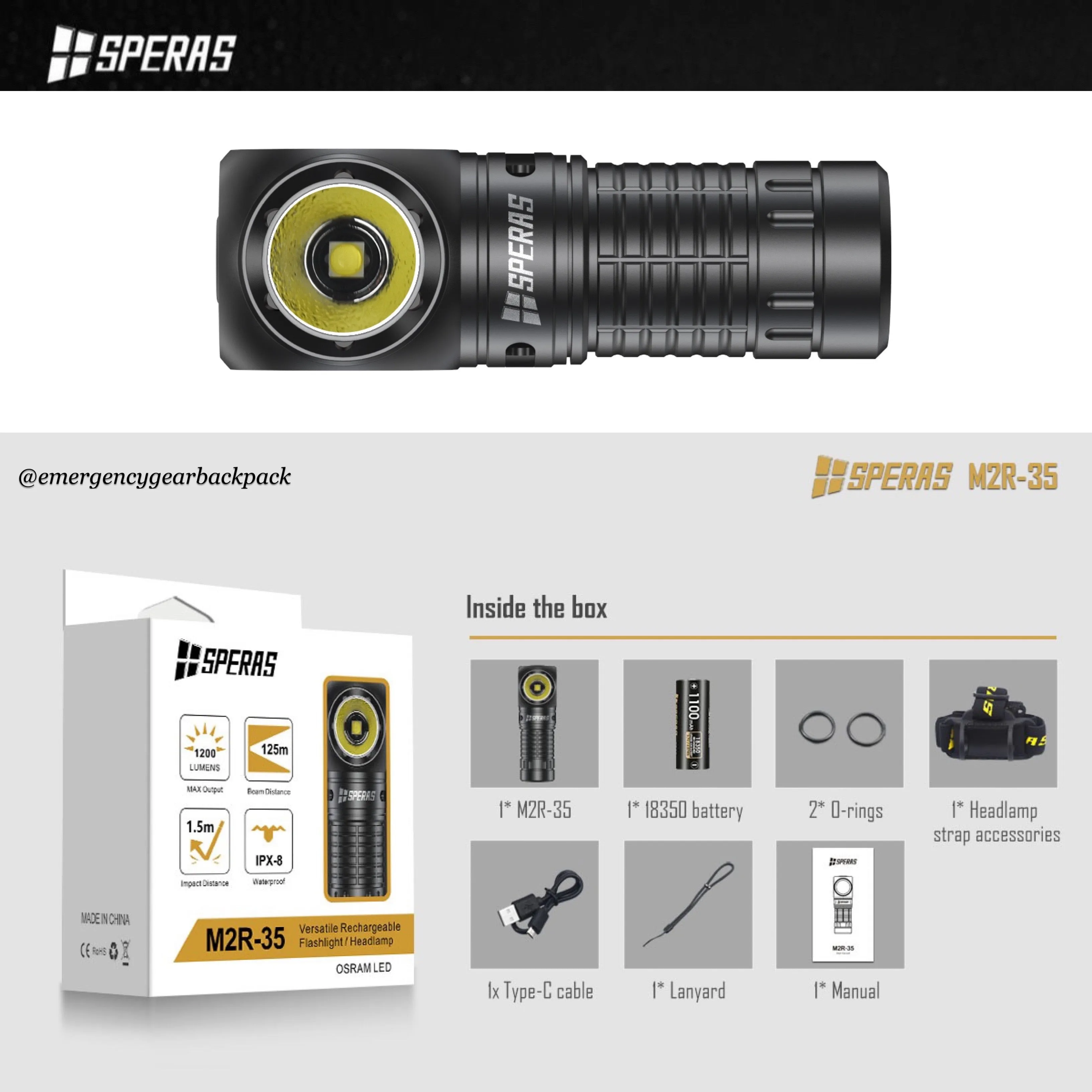 SPERAS M2R-35 1200LMS 125M EDC Headlamp